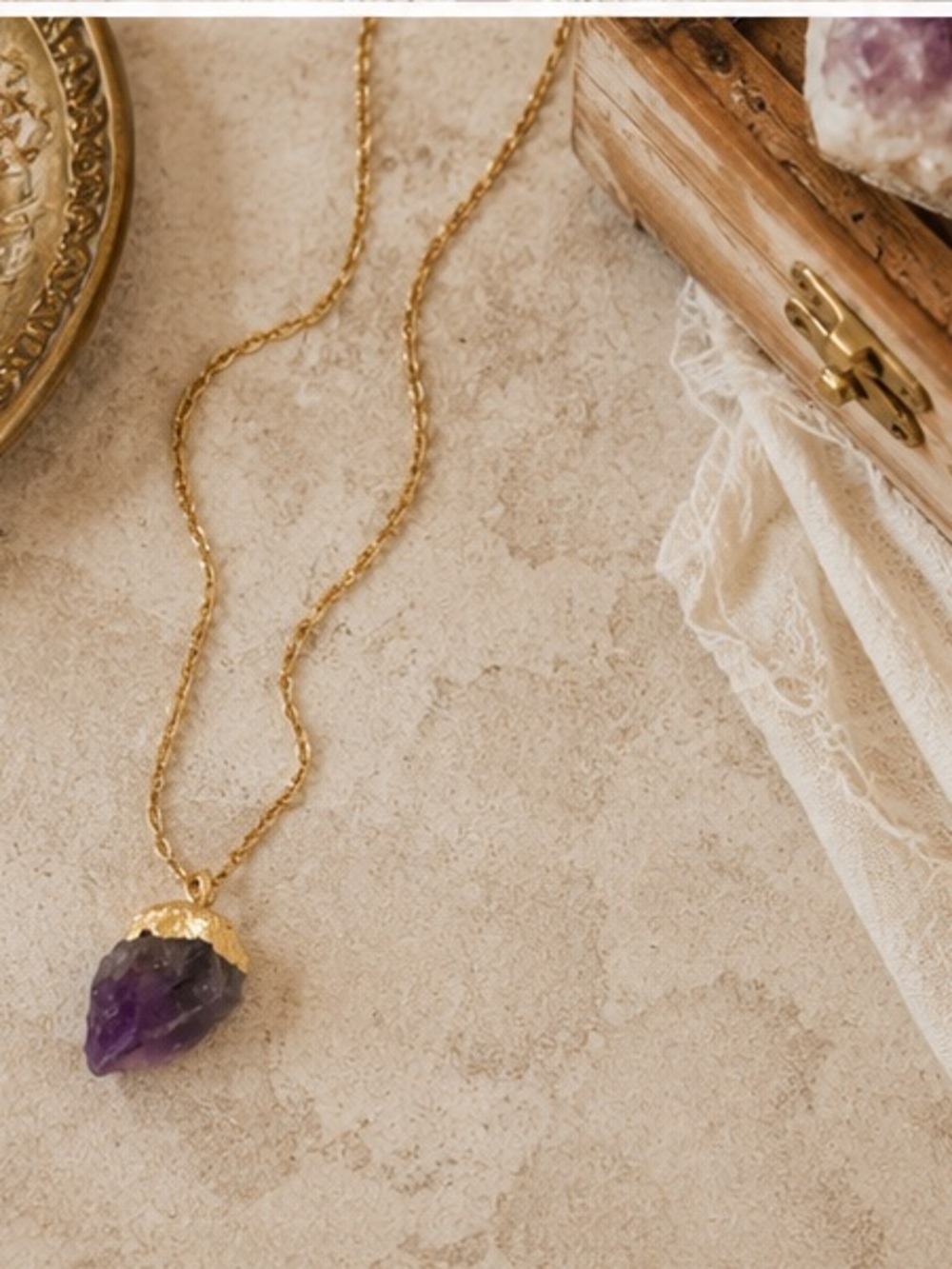 Raw Amethyst Gold Dipped Pendant Necklace Boho Layering Piece